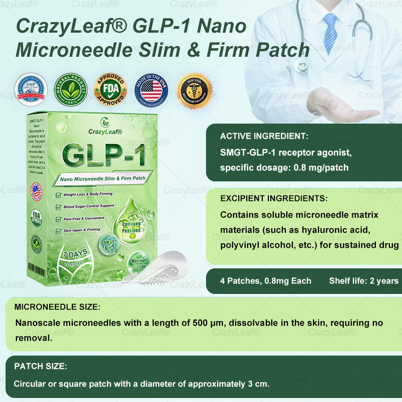 Clinically Proven|Official Store | CrazyLeaf® SMGT-GLP-1 Nano Microneedle Patch with Collagen & Matrixyl 3000 丨Targets Obesity, Loose Skin, High Blood Pressure, Diabetes, Fatty Liver, Joint Pain, Brain Fog, Low Energy, Body Aches, and More